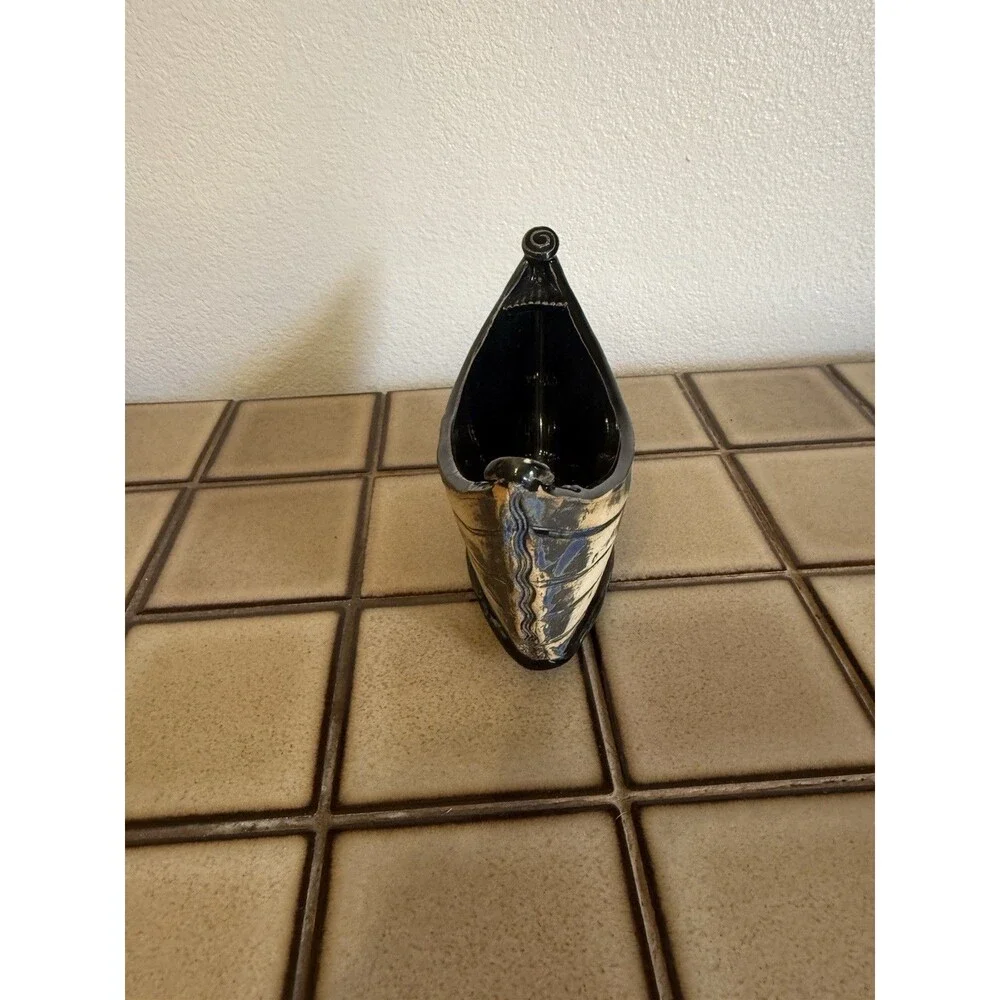 ICY ROAD Art Pottery Boat Planter Wave Motif Black Bronze Ceramic Cachepot 7